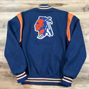 60s 70s NATIVE AMERICAN CHIEF Wool Leather Lined Varsity Letterman Bomber Coat